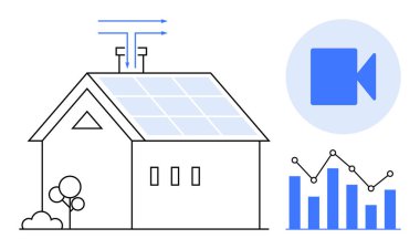 Güneş paneli donanımlı ev veri analizi ve video izleme teknolojisini entegre ediyor. Sürdürülebilirlik, akıllı yaşam, enerji verimliliği, yenilenebilir enerji, ev güvenliği, teknoloji için ideal