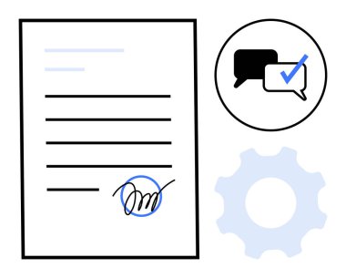 Üzerinde kontrol işareti ve takım çalışması, anlaşma ve süreci yansıtan bir vites içeren imzalı belge. Konseptler için ideal sözleşme, onay, yönetim ve iş akışı. Basit.