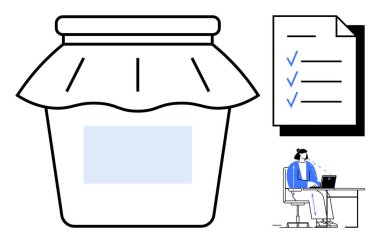 İş akışı organizasyonu konsepti. Çalışma akışı kontrol listesi planlama, kaynak yönetimi depolama için kavanozları paraflar ve uzaktan çalışma adaptasyonu ile modernize edilir. Üretkenlik ve görev için mükemmel