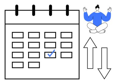 Vurgulanmış tarih, meditasyon yapan kişi ve dengeyi, zaman yönetimini ve farkındalığı sembolize eden yön oklarıyla takvim. Organizasyon, odaklanma, refah, verimlilik için ideal