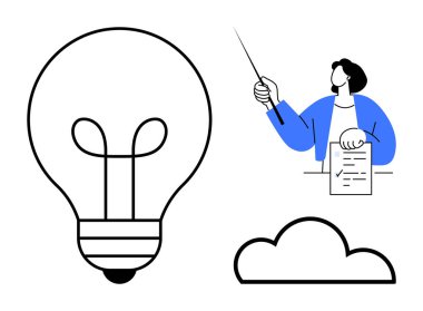 Ampul yeniliği simgeler, bulut bağlantıyı simgeler, işaret ve notlarla ders veren kişi. Eğitim, yaratıcılık, yenilik, takım çalışması, teknoloji, sunumlar için ideal