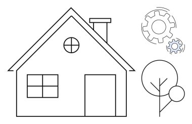 Bacası, penceresi, ağacı ve vitesi olan basit bir ev. Ev tasarımı, yenilik, inşaat, sürdürülebilirlik teknolojisi gayrimenkul enerji verimliliği için ideal. Temiz, düz metafor