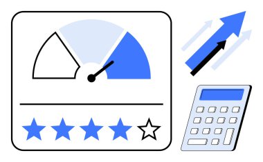 Hız göstergesi ekranı, beş yıldızlı derecelendirme sistemi, yukarı bakan oklar ve hesap makinesi. Performans analizi, verimlilik takibi, müşteri geribildirimi, iş büyümesi, finansal planlama verileri için ideal