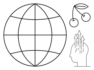 Küresel bağlantı kavramı. Kirazların yanında bir dünya ve yukarı doğru ok atan bir insan kafası, küresel büyüme, zihinsel ilerleme ve birbirine bağlılığın yanı sıra. Eğitim, yenilik, takım çalışması, küresel