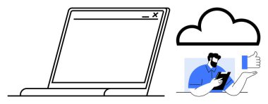 Açık tarayıcı pencereli dizüstü bilgisayar, bulut simgesi ve tablet jesti onaylı bir kullanıcı. Teknoloji, bulut depolama, uzaktan çalışma, veri paylaşımı, dijital çözümler, çevrimiçi iletişim için ideal