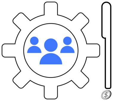 Dikey barı ve dolar işareti olan bir dişlinin içindeki mavi insan figürleri. Takım çalışması, işlemler, yönetim, finans, işbirliği, iş süreçleri için ideal, basit düz metafor