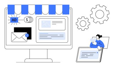 E-ticaret konsepti. E-ticaret elemanları çevrimiçi mağaza, e-posta bildirimleri ve ödeme sistemlerini onayladı. Dijital pazarlamayı, çevrimiçi satışları ve müşteri katılımını kolaylaştıran e-ticaret araçları