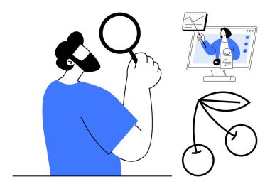 Veri analiz konsepti. Bir adam büyüteçle inceler, sanal sunum ilerlemeyi ve vişnelerin büyümesini ön plana çıkarır. İş, eğitim, uygulamalar, pazarlama ve strateji için veri analizi