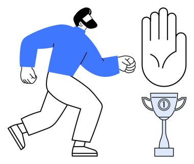 Gol başarısı. Dinamik karakter kupa başarısına ve inatçılığına doğru ilerliyor. El hareketleriyle sınırların altını çiziyor. Motivasyon, liderlik, spor, başarı ve yaşam için mükemmel