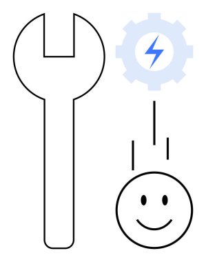 Araçlar ve teknoloji konsepti. İngiliz anahtarı onarımı ve bakımıyla yapılmış aletler. Teknoloji, yenilik için bir dişli ve yıldırımla gösterildi. Mühendislik ve teknik çözümler için mükemmel.