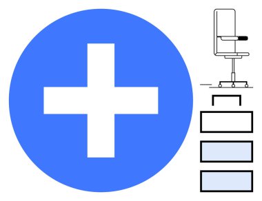 Mavi tıbbi haç sembolü, ergonomik ofis sandalyesi ve istiflenmiş yerleşim kutuları sağlık, organizasyon ve işyeri refahı temalarını iletir. Sağlık, sağlık, denge ve ergonomik için ideal