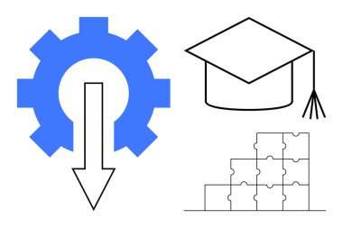 Eğitim konsepti. Vites sistemi, mezuniyet şapkası ve bulmaca blokları tarafından eğitilmiş. Eğitim öğrenmeyi, problem çözmeyi ve yeniliği teşvik eder. Okullar, e-öğrenim ve kariyer gelişimi için