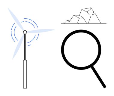 Yenilenebilir enerjiyi vurgulayan rüzgar türbini, keşfi sembolize eden büyüteç ve doğa ve keşfi vurgulayan geometrik dağlar. Sürdürülebilirlik, bilim ve yenilik için ideal