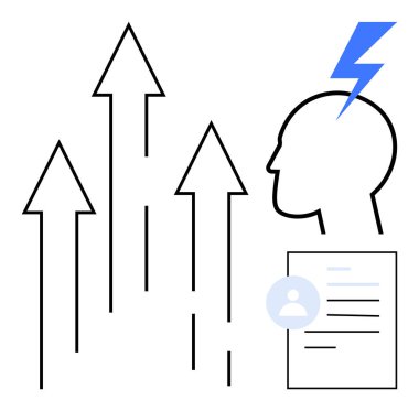 Yükselen oklar ilerlemeyi, şimşek fikirleri veya enerjiyi simgeler. Belge kişisel gelişimi gösterir. Yenilik, üretkenlik, kendini geliştirme, kariyer geliştirme, liderlik, vizyon için ideal