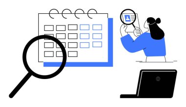 Veri analiz konsepti. Büyüteçle veri incelemesi, takvim kullanarak görevlerin zamanlaması ve verimli veri takibi. Proje yönetimi, araştırma, planlama, teknoloji ve iş için ideal