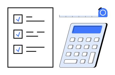 Tamamlanmış kontrol listesi, dijital hesap makinesi ve mezura vurgulanması proje yönetimi, mali planlama, ölçüm, verimlilik, organizasyon ve görev öncelikleri basit bir şekilde