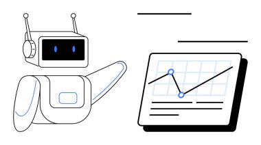 Veri noktaları ve ızgara çizgileri ile grafiğe doğru hareket eden robot analizi, ilerlemeyi ya da içgörüyü temsil ediyor. AI, robotik, teknoloji, eğitim, veri bilimi, yenilik otomasyon temaları için ideal