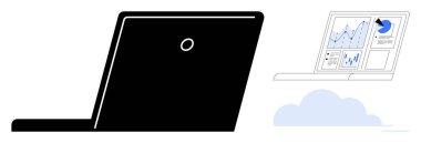 Üzerinde analitik çizelgeler olan siyah dizüstü bilgisayar bir bulutun üzerinde yüzüyor. Teknoloji, veri analizi, iş stratejisi, bulut hesaplama, iş akışı optimizasyonu, yenilik, basit düz metafor