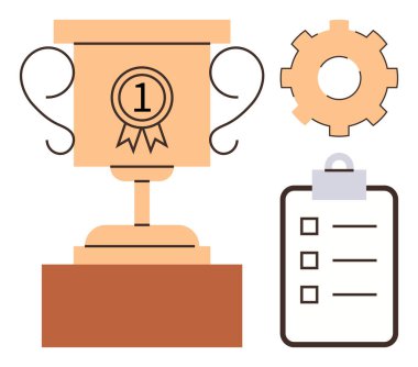 Altın birincilik kupası, işaretli kontrol listesi ve başarıyı, organizasyonu, verimliliği, takım çalışmasını, planlamayı, hedefleri ve ilerlemeyi sembolize eden teçhizat. Motivasyon için ideal liderlik projesi yönetimi