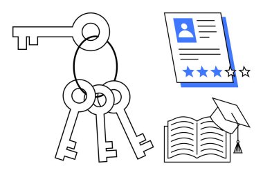 Anahtar kümesi, açık kitap mezuniyet şapkası ve değerlendirilmiş profil belgesi eğitimi, başarıyı ve kariyeri vurguluyor. Öğrenme, başarı, kariyer büyümesi, beceri geliştirme fırsatı için ideal