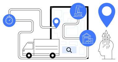 Lojistik konsept. İkmal kamyonu, harita simgeleri ve tedarik zincirini vurgulayan endüstriyel sembollerle lojistik. Lojistik, tedarik zinciri operasyonlarının optimize edilmesine yardımcı oluyor. Nakliye için.