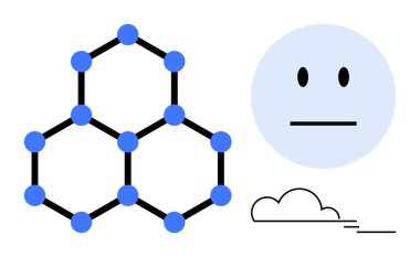 Moleküler altıgen ağ, nötr ifade yüz, basit bulut. Bilim, teknoloji, ruh hali, basitlik, bilgi minimalizmi dijital sanat için idealdir. Temiz ve düz bir metafor.