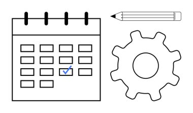 İşaretli tarih, kalem ve dişli takvim görev planlama, zamanlama, verimlilik ve organizasyonu sembolize eder. Zaman yönetimi, iş akışı, strateji eğitimi için ideal süre