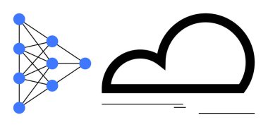 Sinir ağları bir bulut şeklinin yanındaki çizgilere bağlı. Yapay zeka, makine öğrenimi, bulut depolama, veri işleme, yenilik, teknoloji, analitik için ideal. Basit düz
