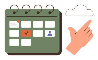 Vurgulanmış tarihler, profil simgesi, tik işareti, bulutla etkileşen el takvimi. Planlama, zamanlama, organizasyon, dijital araçlar, zaman yönetimi bulut teknolojisi görsel için ideal