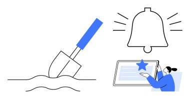 Kürek kazma toprağı, uyarı zili, dijital tabletle etkileşim halinde olan biri. Üretim, uyarı, eğitim, tarım, iletişim, dijital araçlar ve etkileşim için ideal