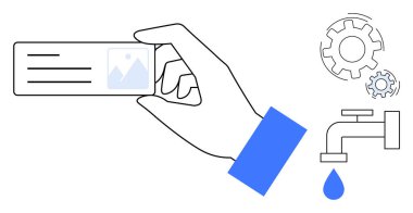 El ele tutuşan kimlik kartı, damlayan musluk suyu ve süreçleri, sistemleri, yönetimi gösteren dişli dişliler. Kimlik, iş akışı, verimlilik, kontrol otomasyonu sürdürülebilirliği için ideal basit düz