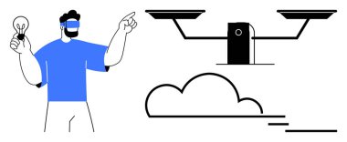 VR gözlük takan adam, bulutun üzerinde dengeli tepsilerle kuadkopteri işaret ederken ampulü tutuyor. Yenilik, teknoloji, sanal gerçeklik, yaratıcılık, denge, gelecek kavramlar için ideal