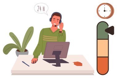 Ajanın kulaklık taktığı masa, bilgisayar monitörü, saat, iş yükü göstergesi, bitki ve sabit. Müşteri hizmetleri, bilişim desteği, iletişim işi verimliliği için ideal