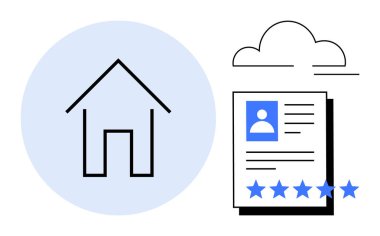 Profil fotoğrafı ve derecelendirme yıldızlarının olduğu bir belgenin yanında ev tasarımı. Gayrimenkul, mülkiyet, emlak yönetimi, konut piyasası, kullanıcı değerlendirmeleri, gayrimenkul değerlendirmeleri için ideal