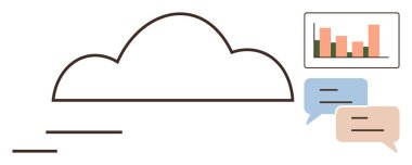 Bir bar tablosu ve veri analizlerini, çevrimiçi iletişimi ve dijital depolamayı temsil eden konuşma baloncukları olan bir bulut simgesi. Teknoloji, iş, uzaktan çalışma, işbirliği, bulut hizmetleri için ideal