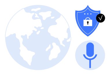 Dünya küresi, kilit ve işaretli kalkan siber güvenliği, mahremiyeti ve iletişimi simgeleyen mikrofon. Güvenlik sistemi, teknoloji, veri gizliliği, küresel güvenlik ağı için ideal