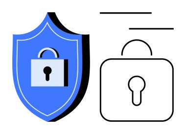 Asma kilit ve asma kilit kalkanları güvenliği, gizliliği, korumayı ve teknolojiyi iletir. Veri güvenliği, siber koruma, kullanıcı gizliliği, engelleme zinciri, yazılım bilişim sistemleri için ideal