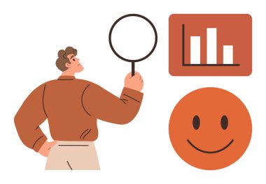 Büyüteç, gülümseyen bir yüz ve ilerlemeyi gösteren bir çizelge kullanarak verileri inceleyen bir adam. Analiz, araştırma, değerlendirme, ilerleme, başarı motivasyon veri kavramı için idealdir. Basit düz