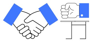 Yakın plan, ortaklığı sembolize eden el sıkışma, masada otoriteyi gösteren güçlü yumruk hareketi. Takım çalışması, liderlik, müzakere, anlaşma, kararlılık, karar verme, basit daire