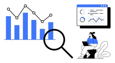 Veri analizi konsepti. Verileri grafikler, grafikler ve içgörülerle görselleştirmek için analitik araçlar. Veriler iş büyümesini ve karar vermeyi destekliyor. İş, teknoloji, eğitim, finans için