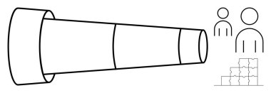 Vizyon konsepti. Teleskop gelecekteki hedefler ve uzun vadeli vizyon. Birbirine bağlı yapboz parçaları ve insan simgeleri işbirliği, takım çalışması ve stratejik planlamayı simgeler. İş stratejisi, liderlik, amaç