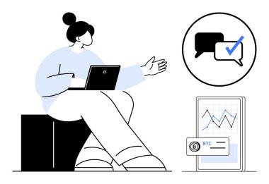 Dizüstü bilgisayarlı bir kadın sohbet baloncuğu simgelerinin yanında şifreli para akımlarını gösteren bir tablo çiziyor. Takım çalışması, fintech, kripto para birimi, iletişim, mobil uygulamalar, analitik için ideal