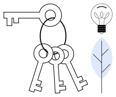 Anahtarlar ampul ve basit bir yaprak ile bir yüzüğe bağlı. Güvenlik, yenilik, yeşil enerji, yaratıcılık, potansiyelin kilidini açmak, çözümler ve minimalizm için idealdir. Basit bir düz metafor.