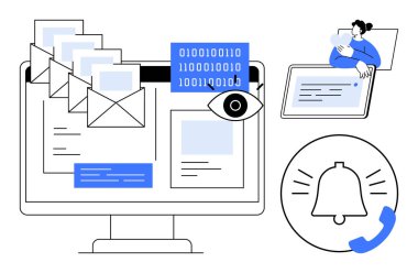 Veri gizliliği kavramı. Veri gizliliği, e-postalar, bildirimler ve dijital arayüzdeki bir izleme gözüyle. Güvenli iletişim için veri gizliliği şart. Teknoloji, siber güvenlik, uyum