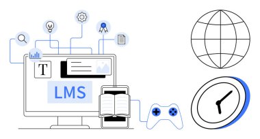 LMS platformlu masaüstü, açık kitap, oyun denetleyici, saat ve ikonlara bağlı dünya. Eğitim, e-öğrenim, zaman yönetimi, küresel ulaşım verimlilik eğitimi için ideal