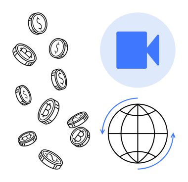 Dolar ve Bitcoin işaretli sikkeler, oklu dünya ve video kamera ikonu finansal, küresel ve dijital etkileşimi ön plana çıkarıyor. Finans, engelleme zinciri, iletişim ve e-ticaret için ideal