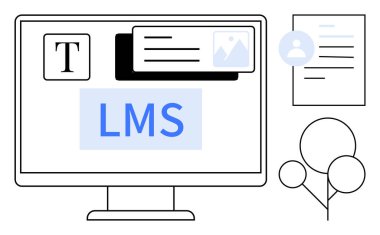 Belge ve hiyerarşi görselleri ile bir LMS platformunu temsil eden çeşitli UI bileşenleri, metin, resim ve kullanıcı simgelerine sahip bilgisayar monitörü. Eğitim, eğitim, e-öğrenme, organizasyon için ideal