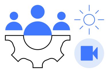 Güneş ve video kamera ikonuna sahip bir ekipman üzerindeki grup figürleri takım çalışması, yenilik, yaratıcılık ve sanal iletişimi temsil ediyor. İşbirliği, teknoloji, fikir üretimi, sanal toplantılar için ideal