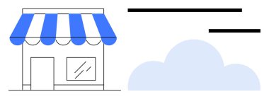 Arka planında iş, perakende, e-ticaret, markalaşma, dijital dönüşüm, küçük işletme ve pazarlamayı temsil eden mavi tenteli ve bulutlu küçük mağaza önü. Basit bir daire için mükemmel.