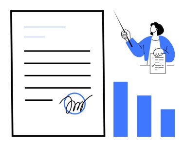 İmza ile imzalanmış sözleşme, sunucu işaretleyici kullanarak belgeyi açıklıyor, artan çubuk grafiği. İş anlaşması, sunum, analitik, sözleşme süreci, iş büyümesi ve işbirliği için ideal